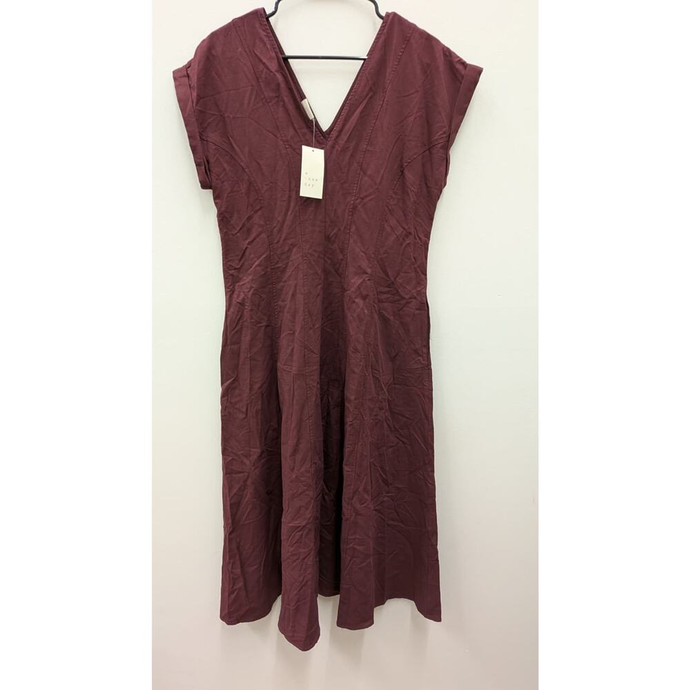 A New Day Women’s Burgundy Midi Dress Size L V Neck Short Sleeve Casual